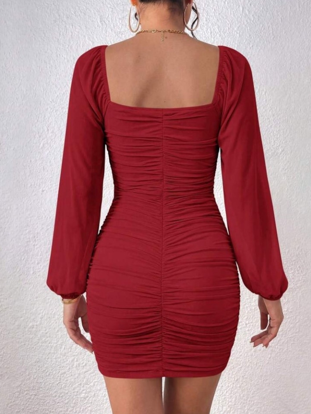 🆕⭐Red Ruched Long-Sleeve Mini Dress - Picture 6 of 13